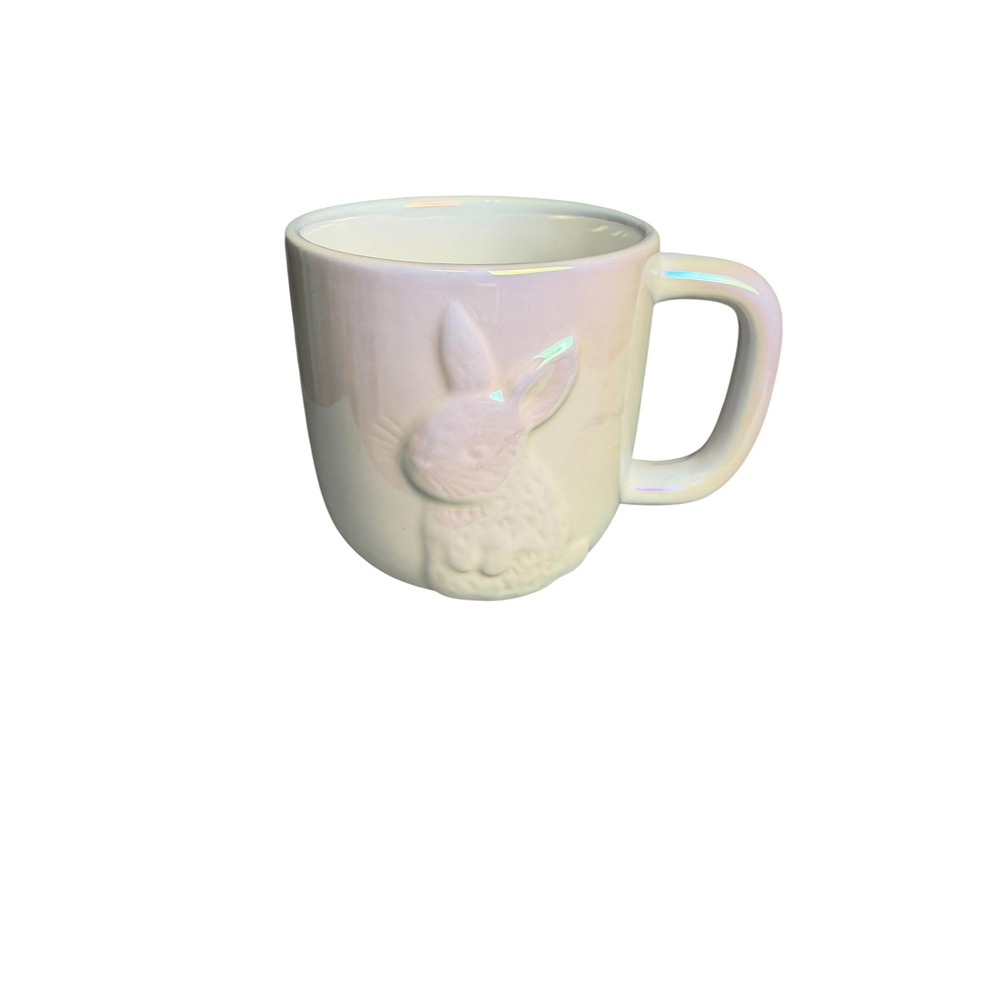 Iridescent Bunny Rabbit Embossed Ceramic Coffee Mug White Pearlescent Easter Cup